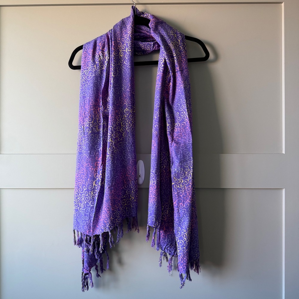 Handmade Scarf Women OS Purple Pink Swirl Batik Rayon Fringe Shawl Wrap Boho